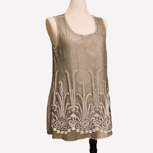 Krazy Kat top, sleeveless tunic, light green, moss color, embroidered, size M